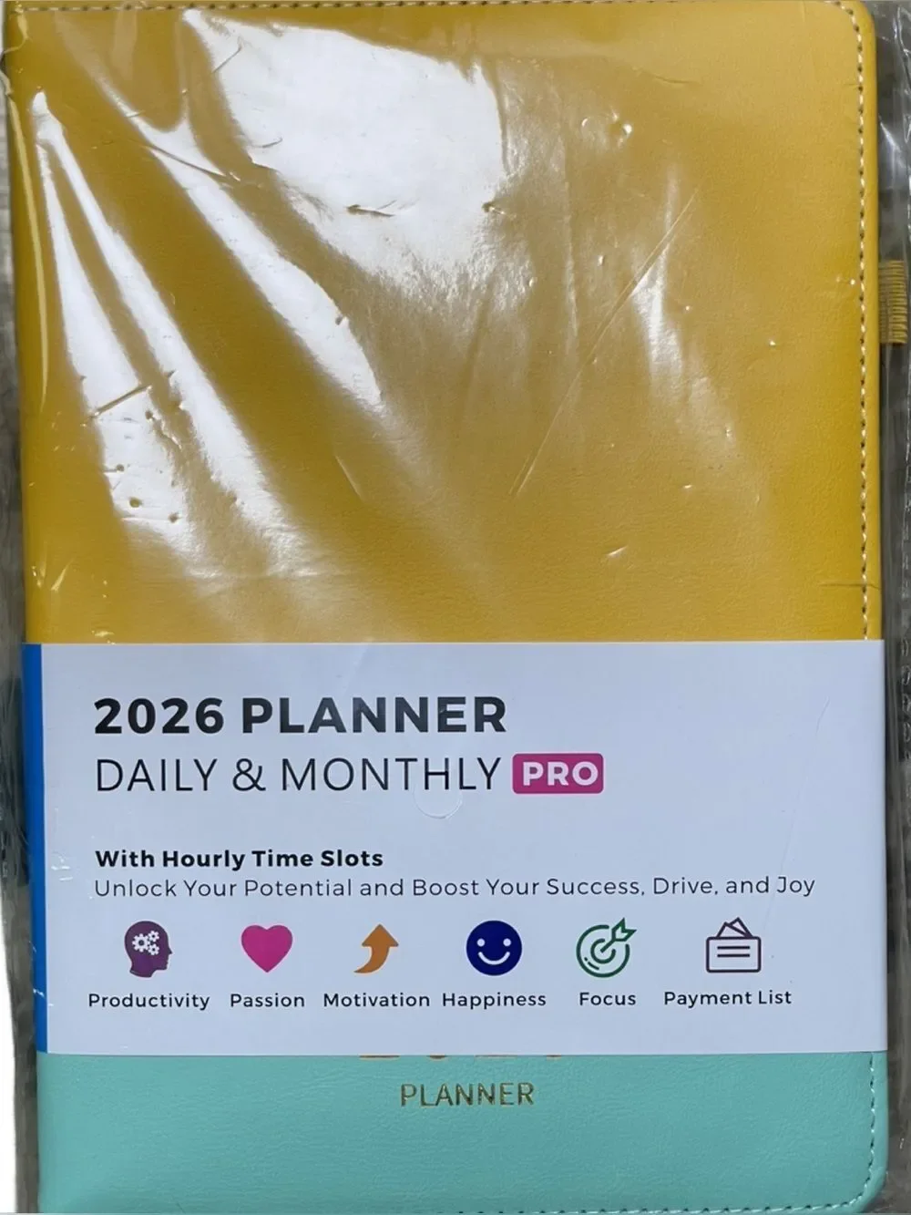 Plannity 2026 Daily & Monthly Pro Planner - Yellow and Teal Faux Leather Binder